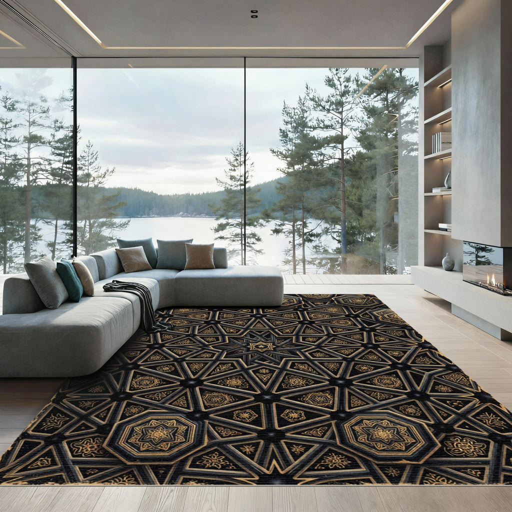 Intricate Gold Black Starburst Geometric Rug