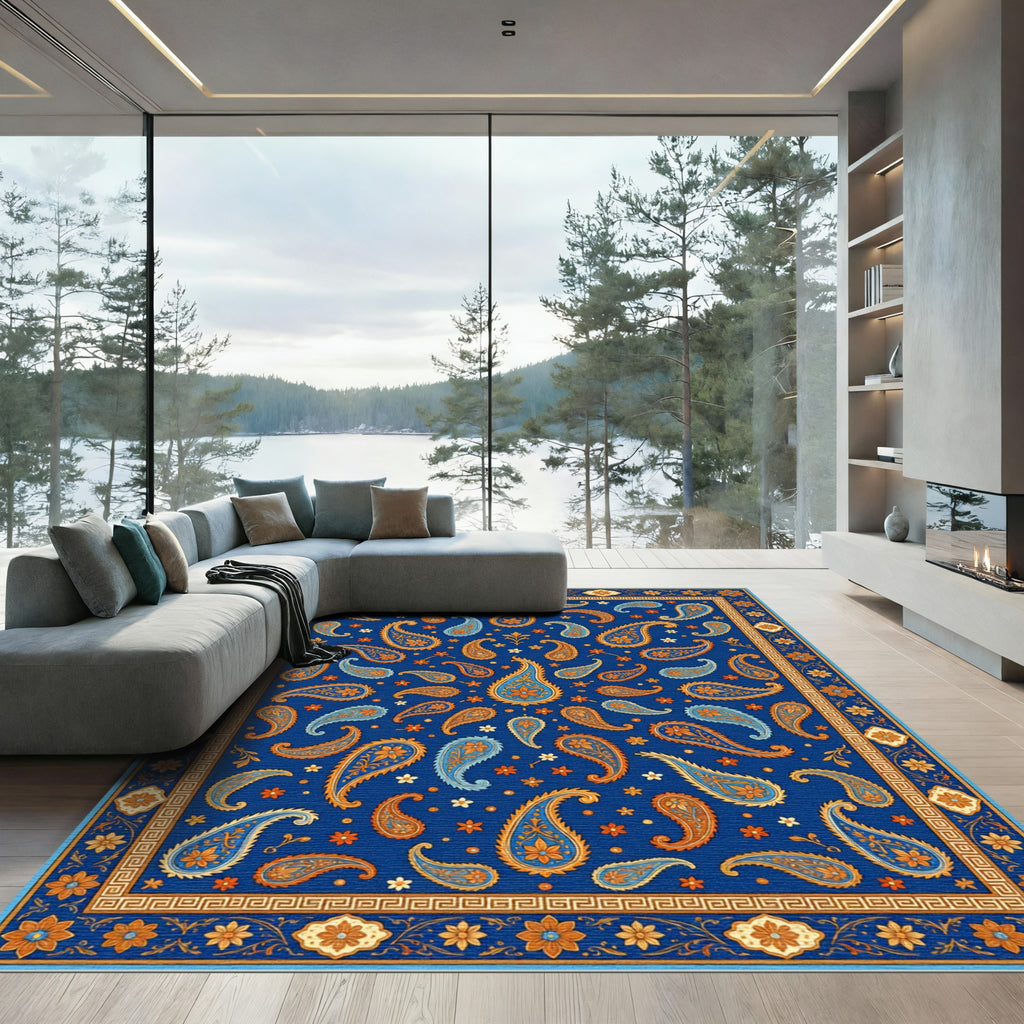 Elegant Navy Paisley Floral Mandala Rug