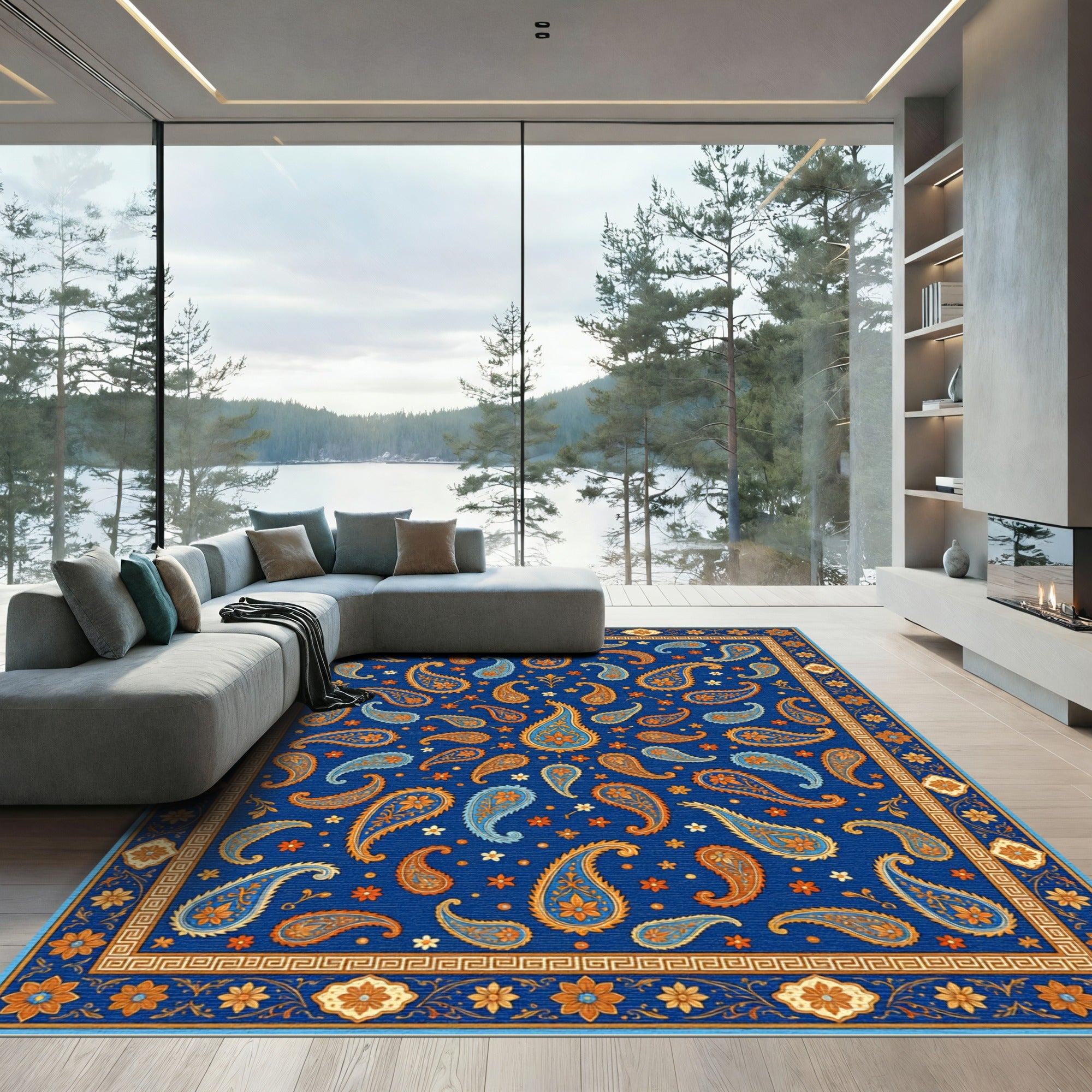 Elegant Navy Paisley Floral Mandala Rug