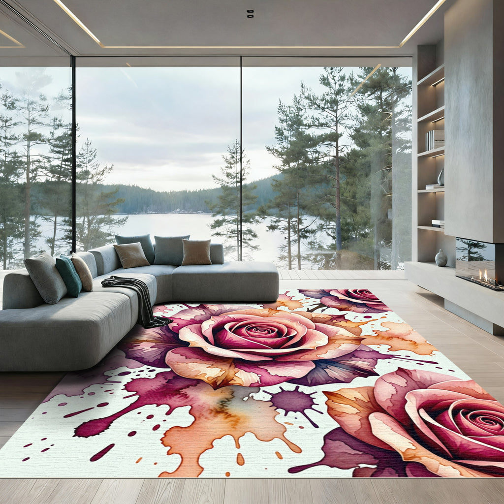 Rose Watercolor Splatter Floral Arrangement Rug
