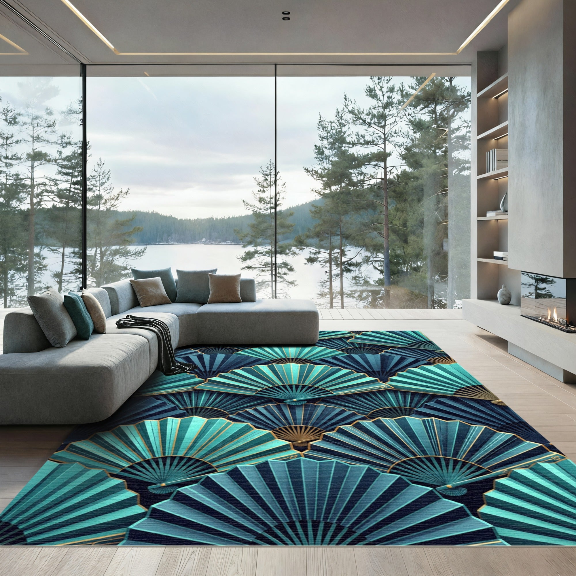 Turquoise Blue Gold Fan Collage Rug