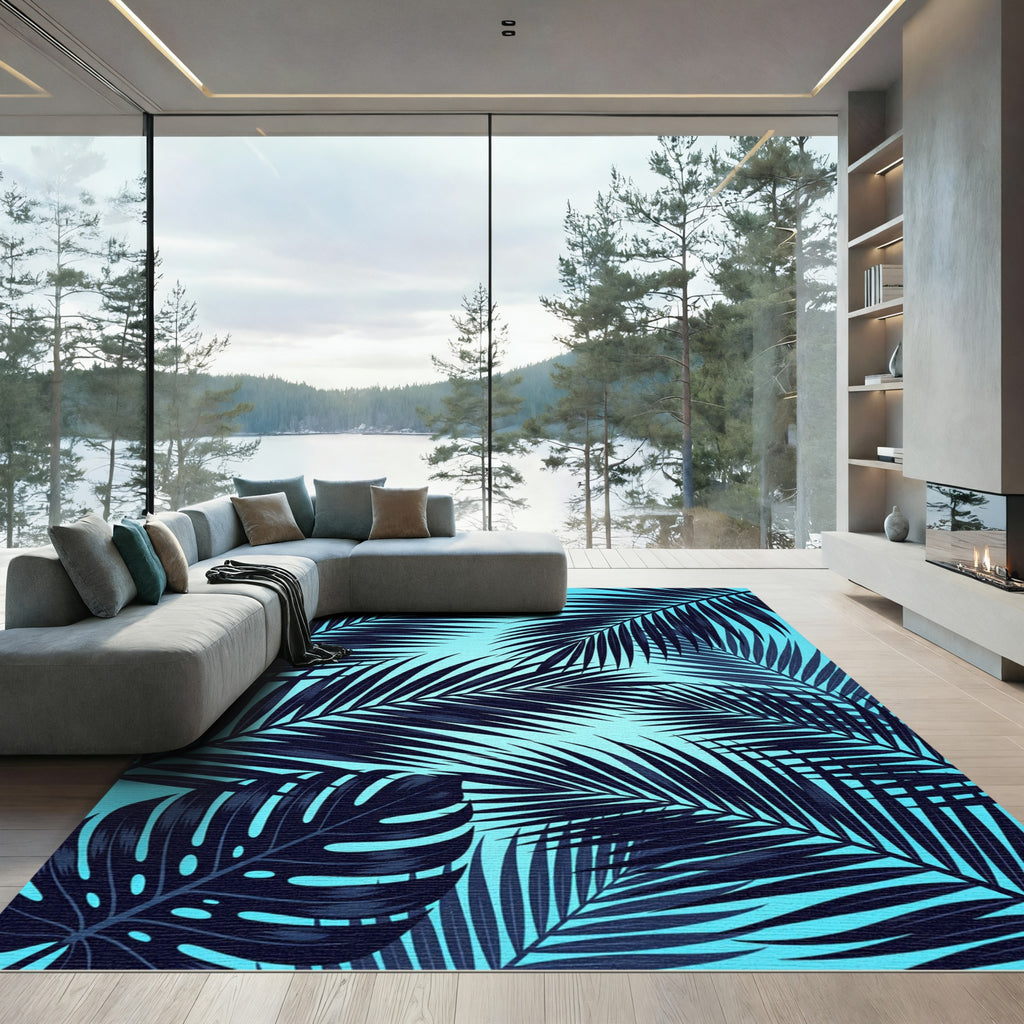 Lush Cyan Tropical Palm Leaf Rug