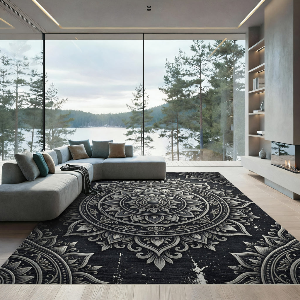 Ornate Silver Monochrome Floral Medallion Rug