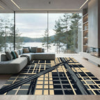 Abstract Charcoal Cream Geometric Linear Grid Rug