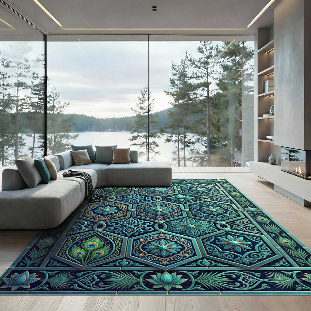 Teal Peacock Feather Hexagonal Medallion Rug