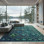 Teal Peacock Feather Hexagonal Medallion Rug