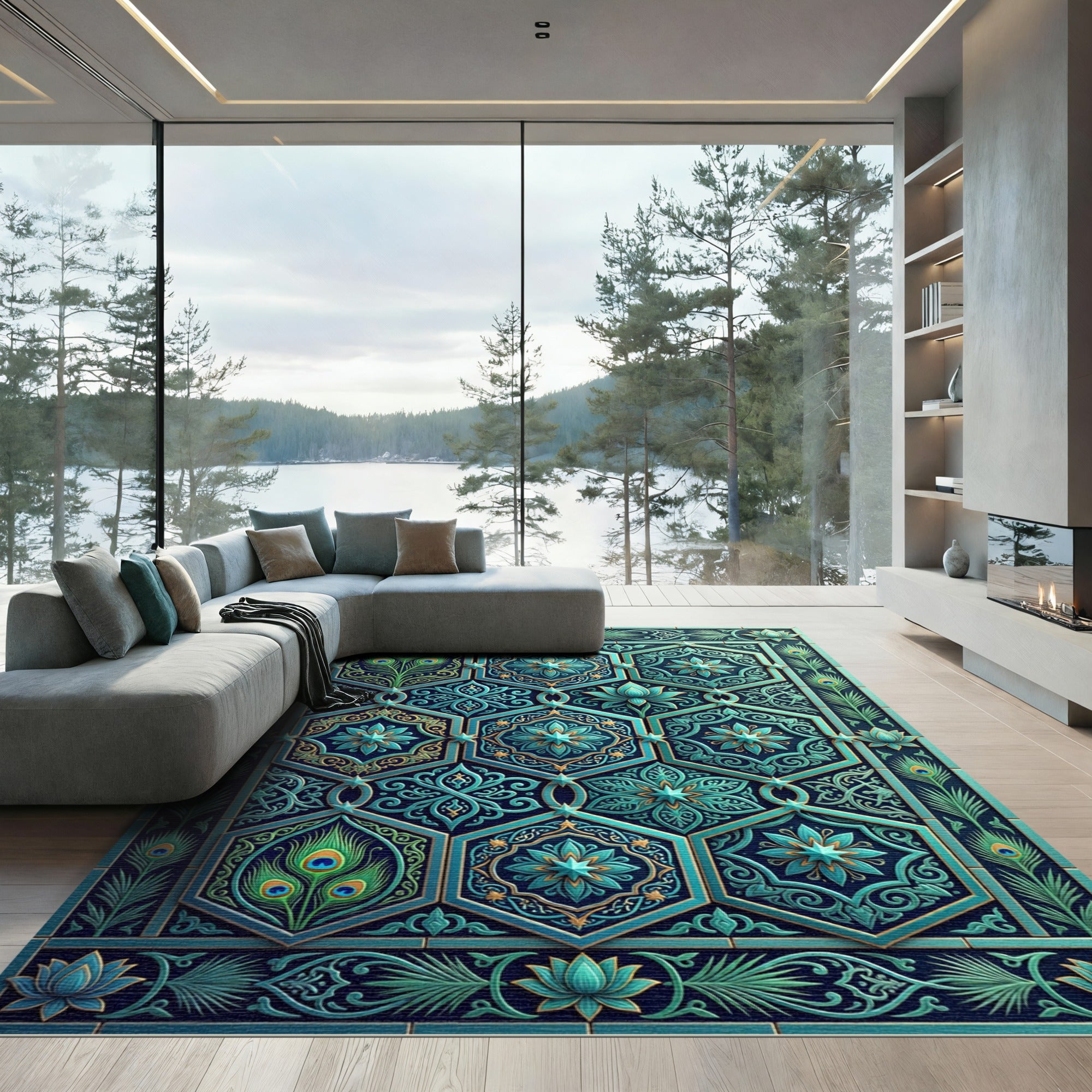 Teal Peacock Feather Hexagonal Medallion Rug