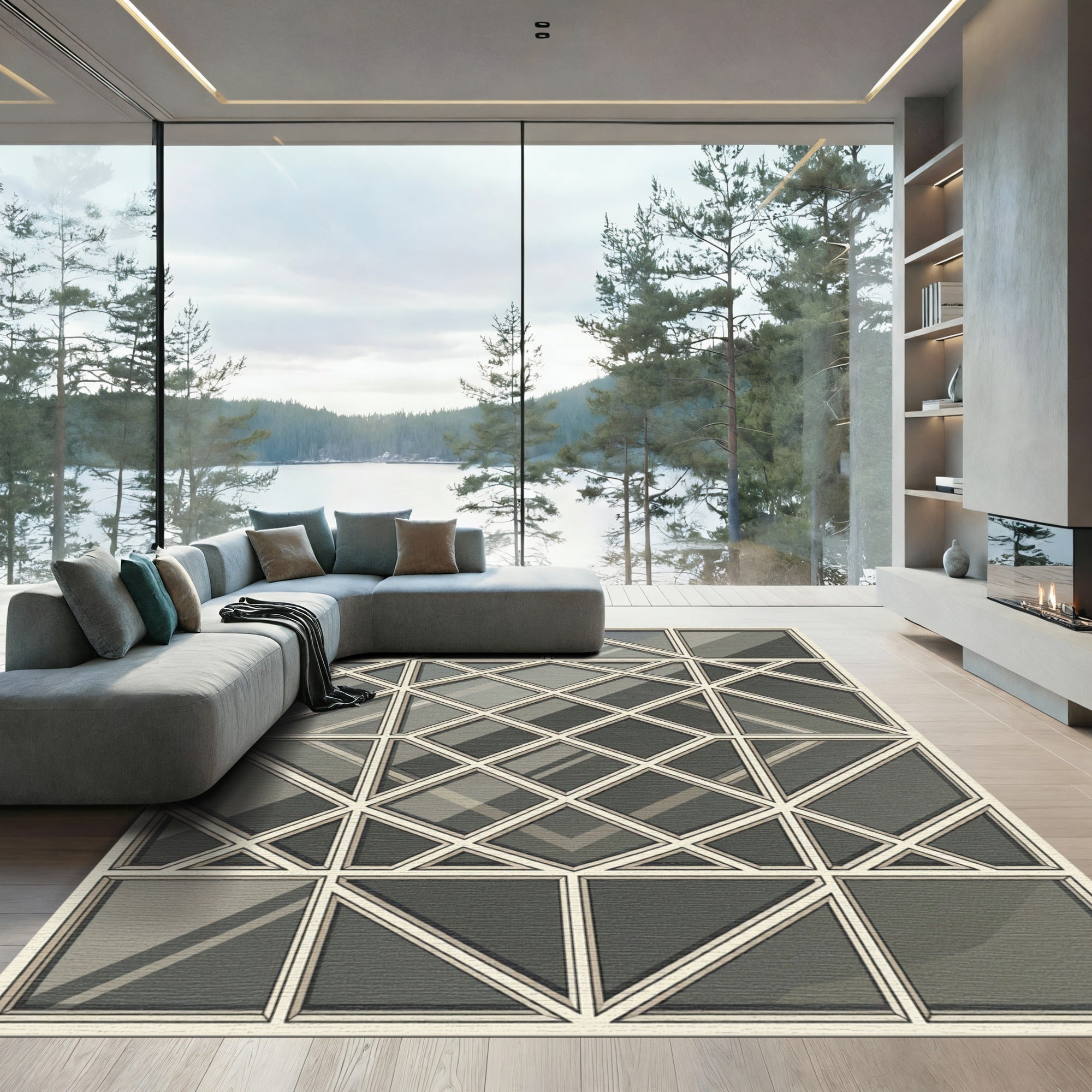 Sophisticated Charcoal Geometric Grid Rug