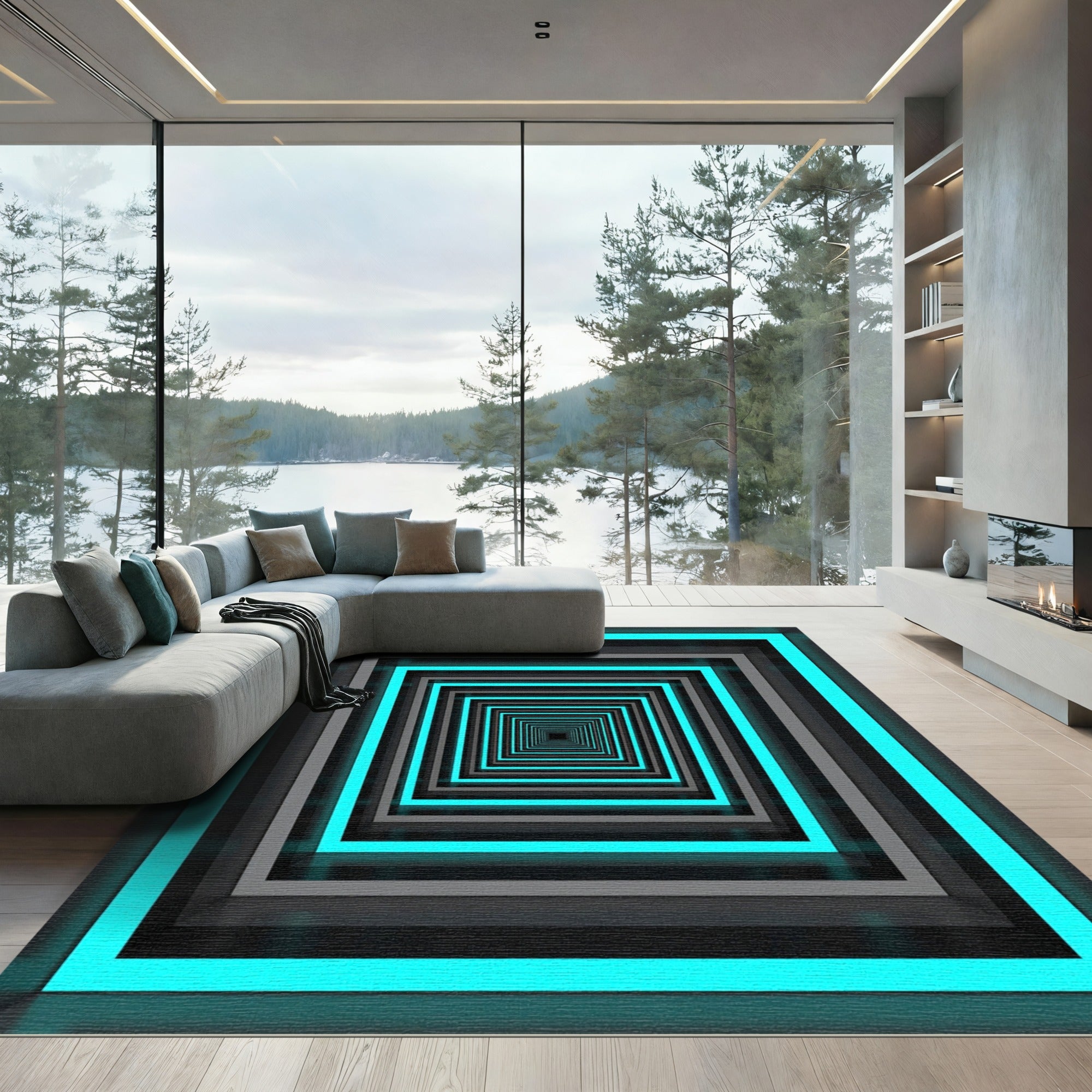 Neon Cyan Geometric Tunnel Illusion Rug