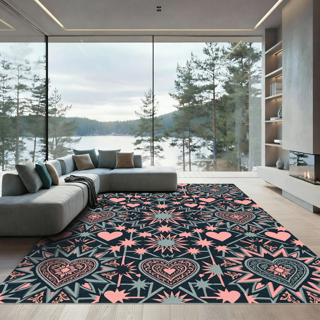 Pink Heart Star Celestial Geometric Rug