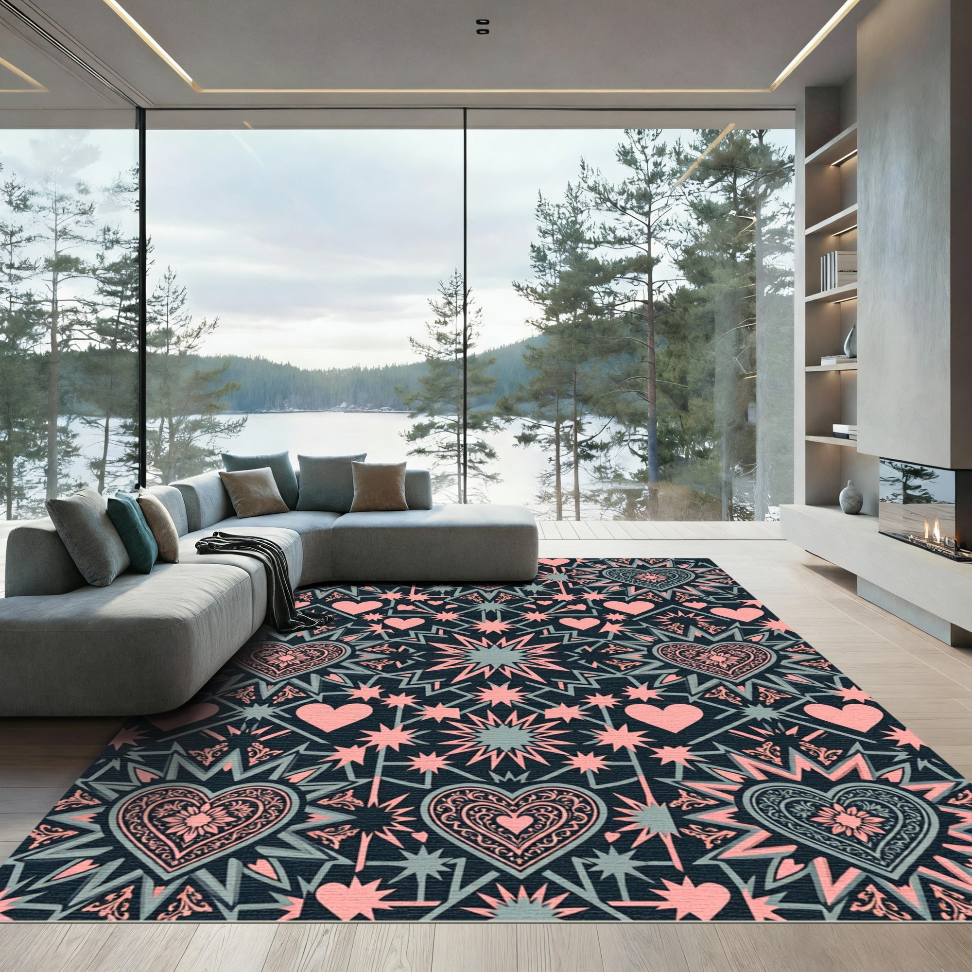 Pink Heart Star Celestial Geometric Rug