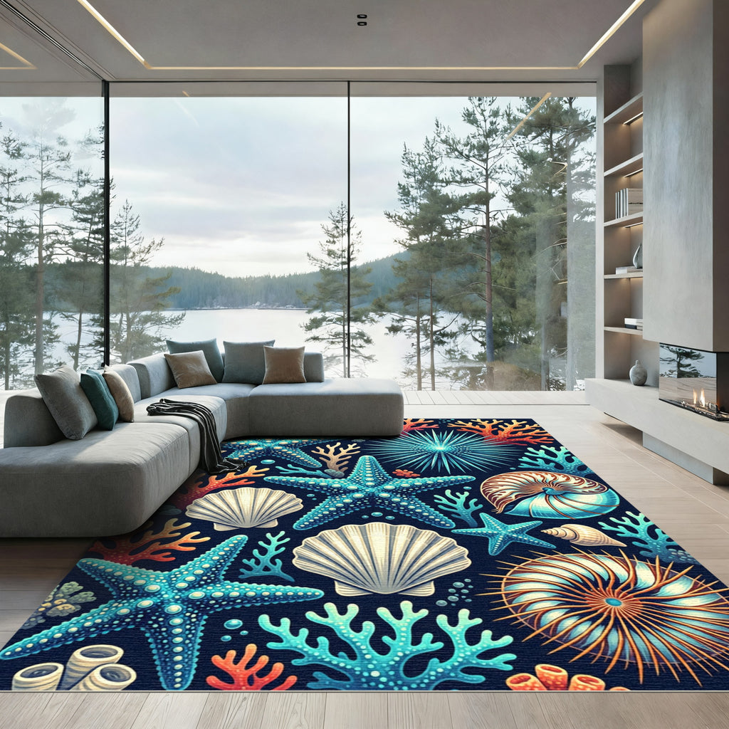 Vibrant Aquatic Starfish and Coral Reef Rug