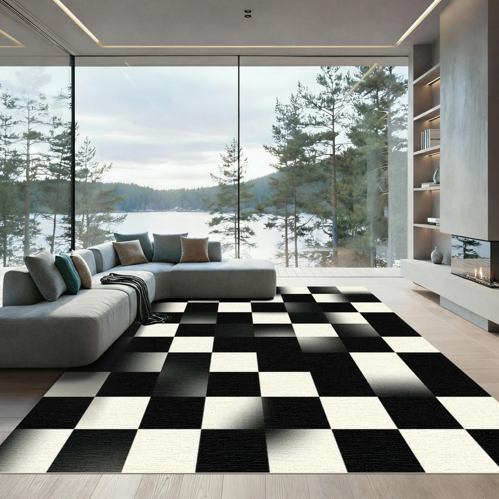 Monochrome Gradient Checkerboard Abstract Art Rug