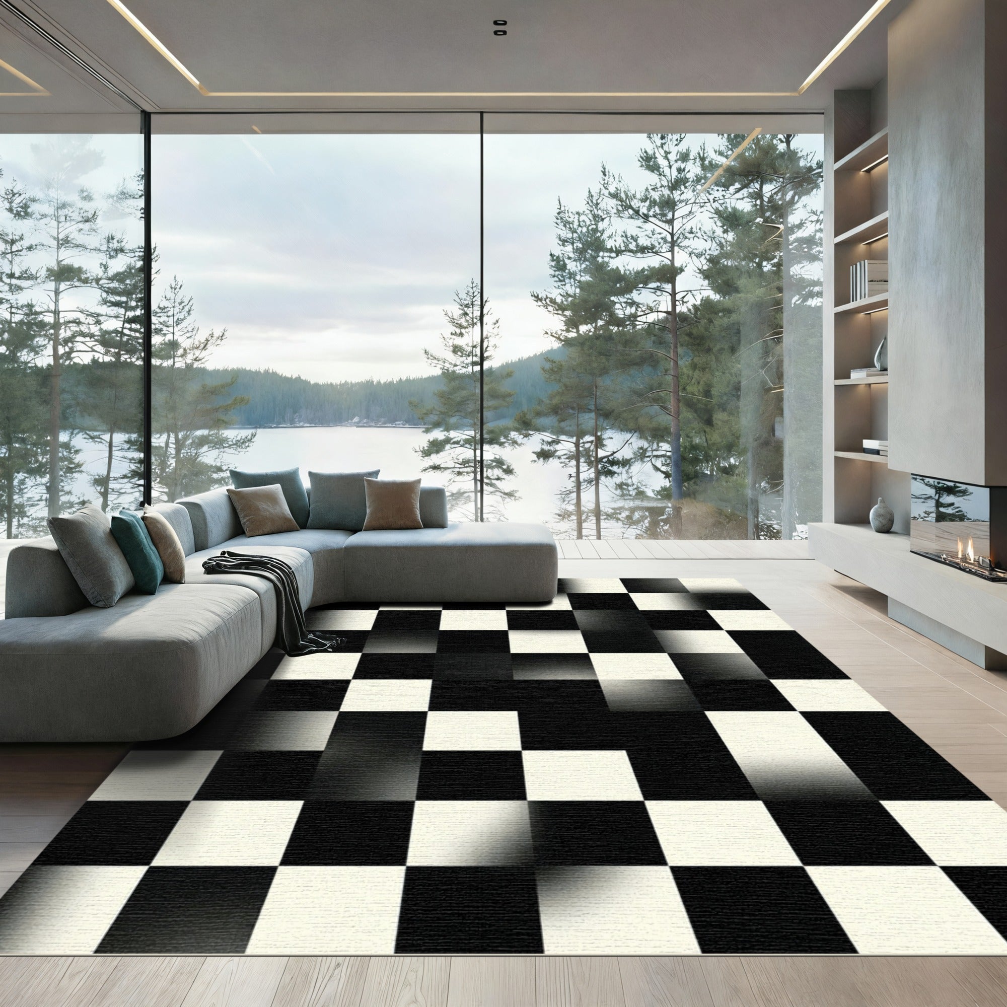 Monochrome Gradient Checkerboard Abstract Art Rug