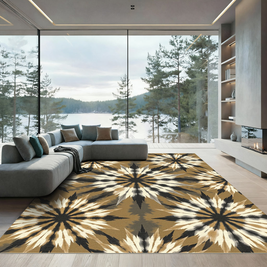 Earthy Ochre Starburst Abstract Medallion Rug