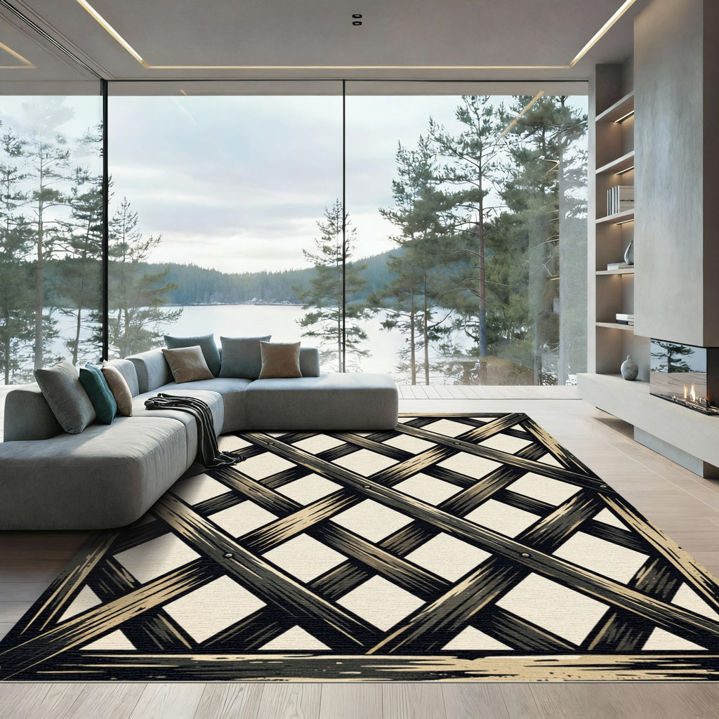 Rustic Charcoal Wooden Lattice Plaid Rug