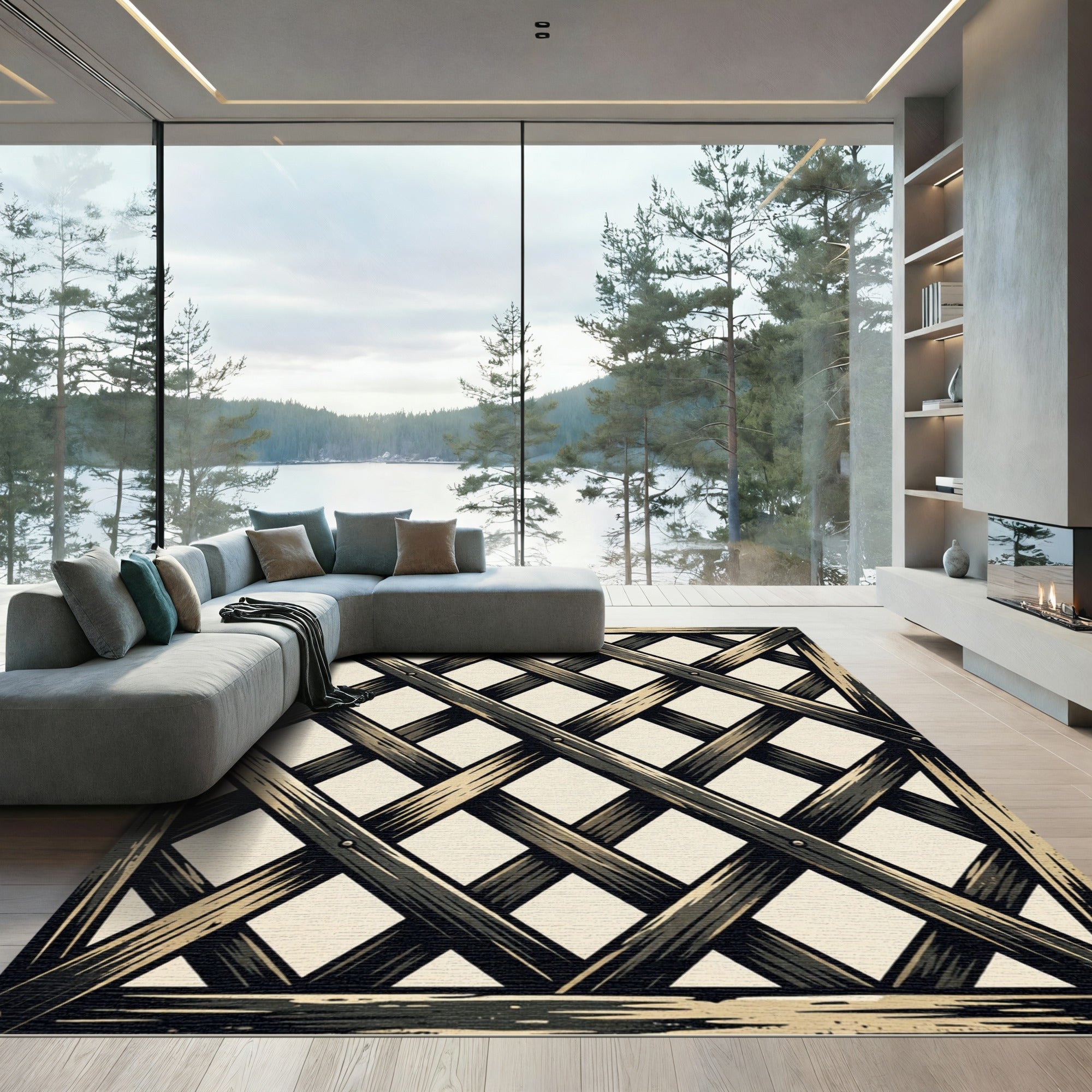 Rustic Charcoal Wooden Lattice Plaid Rug