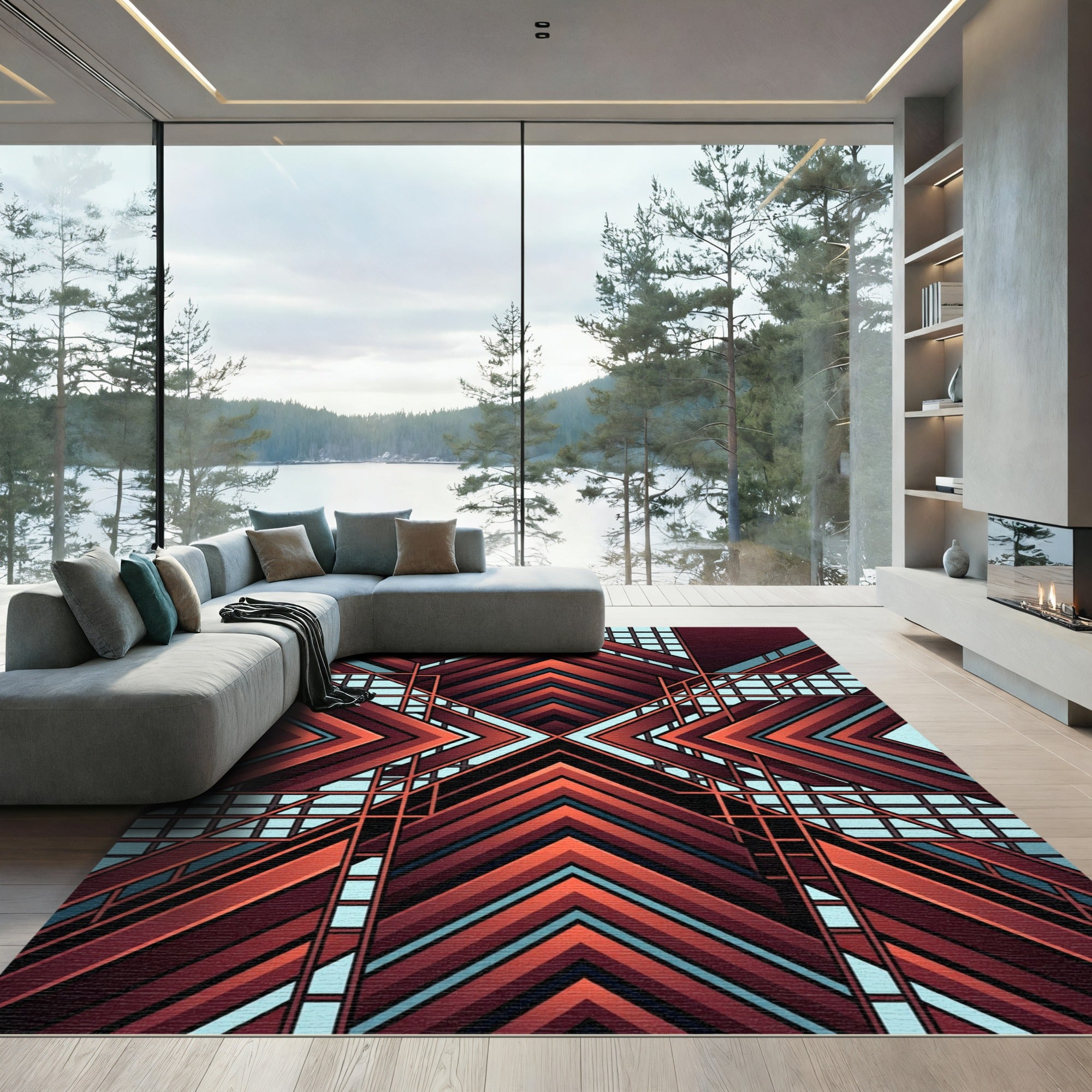 Modern Terracotta Geometric Chevron Art Rug