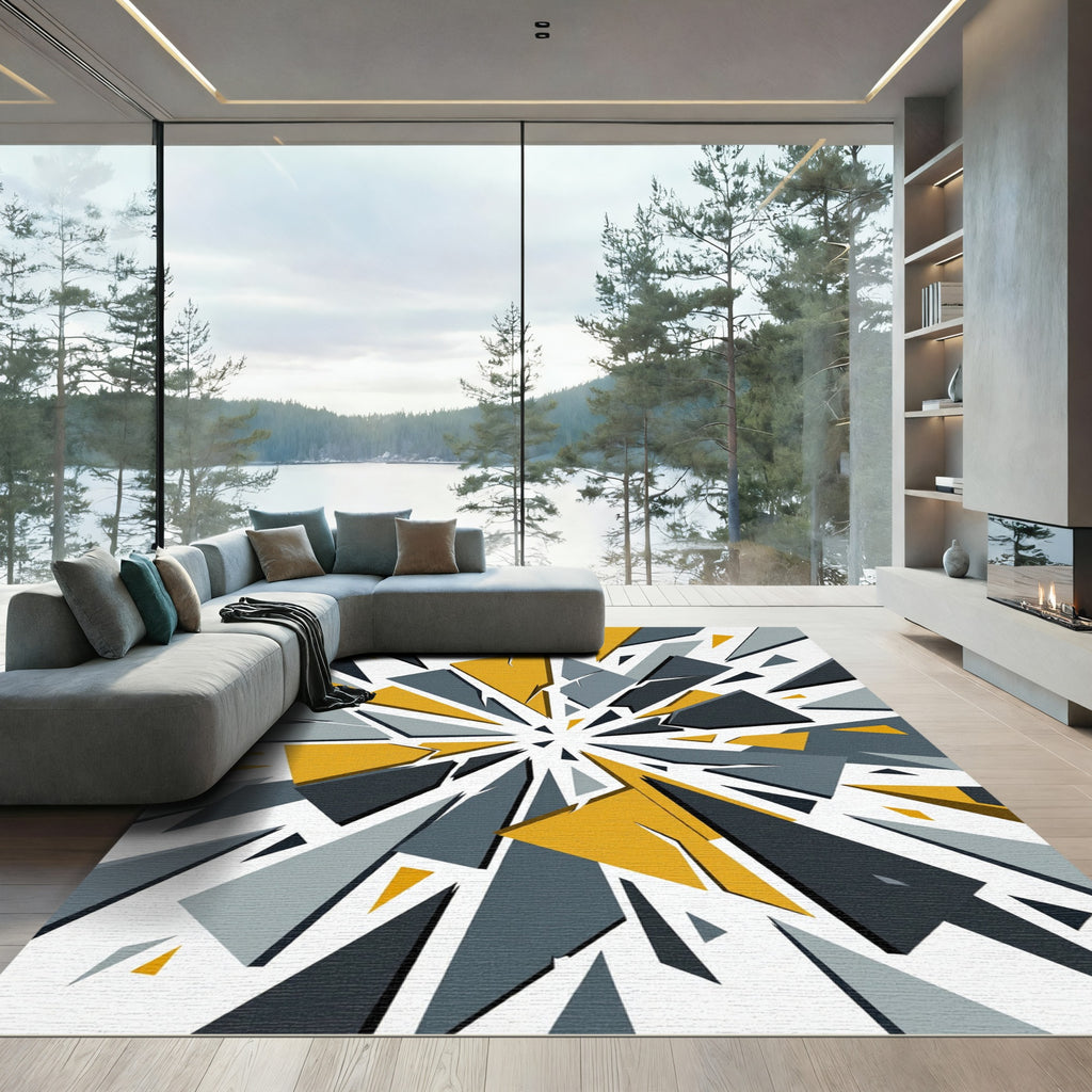 Abstract Geometric Burst Yellow Gray Rug