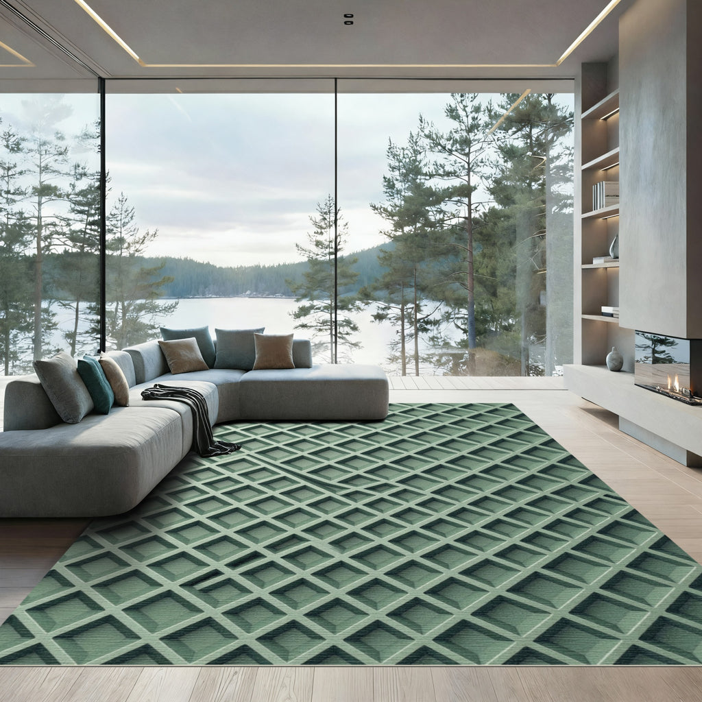 Sage Green Geometric Lattice Grid Rug