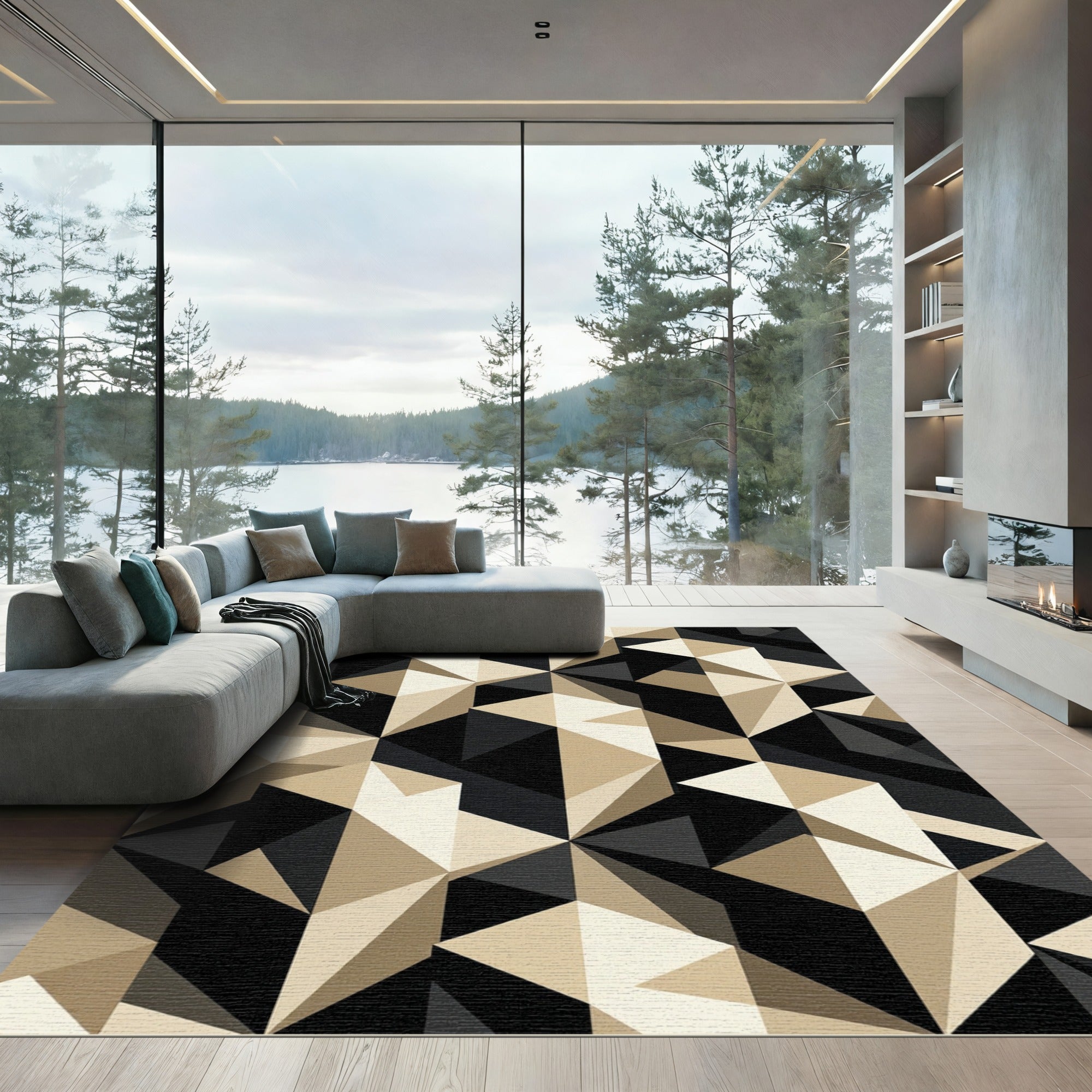 Black and Gold Modern Geometric Facet Rug