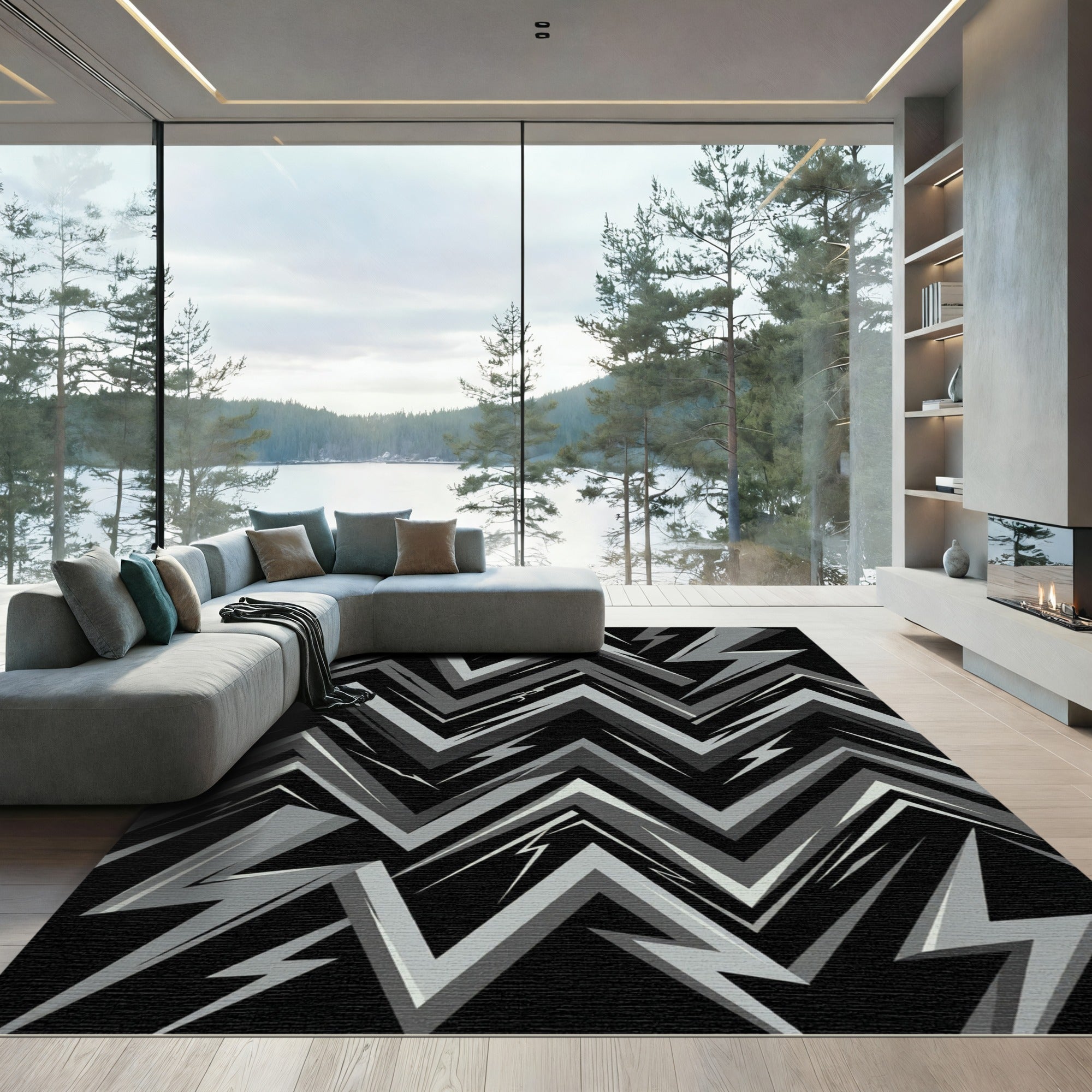 Jagged Gray Lightning Bolt Rug