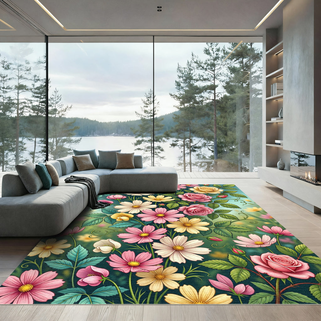 Abundant Pink Yellow White Floral Garden Rug