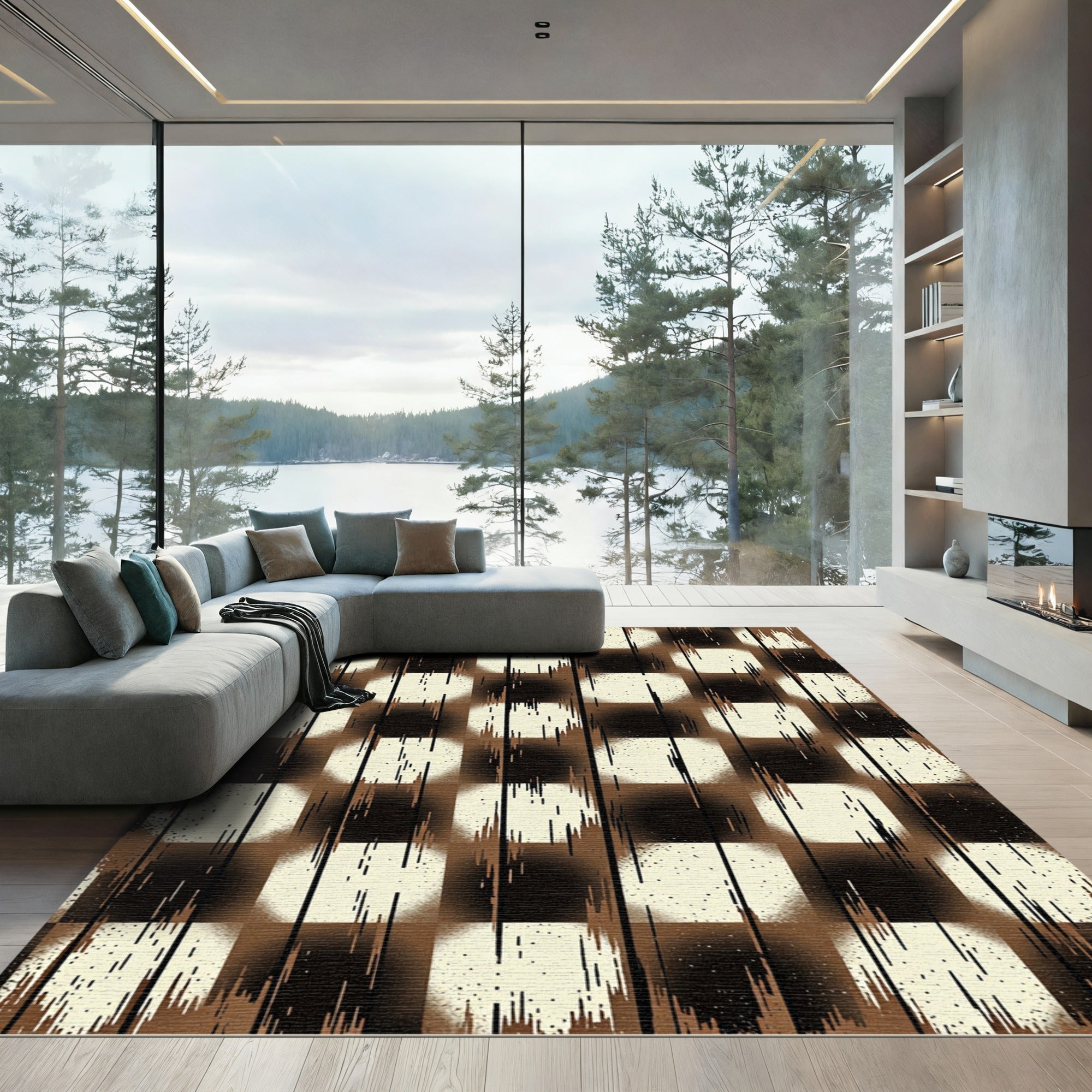 Distressed Earthy Brown Checkerboard Plank Rug