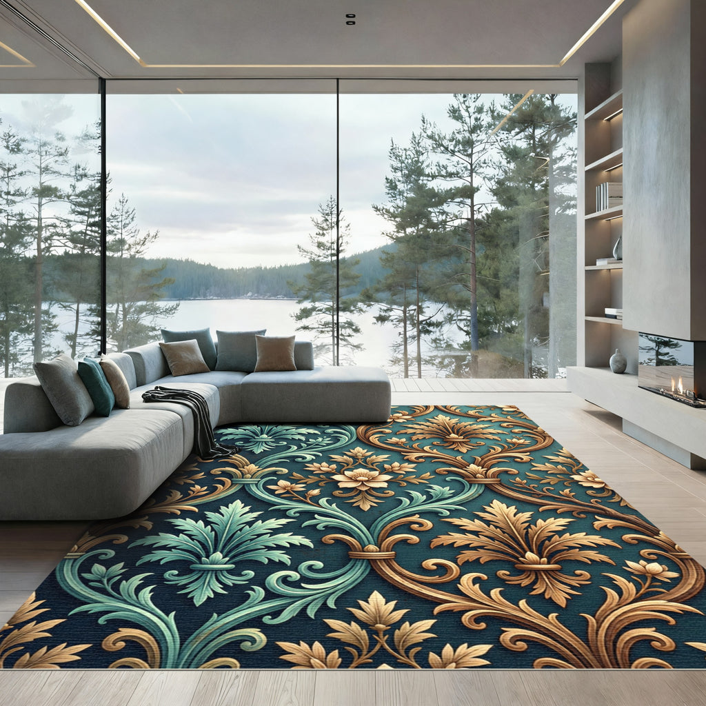 Ornate Teal and Gold Damask Swirl Rug