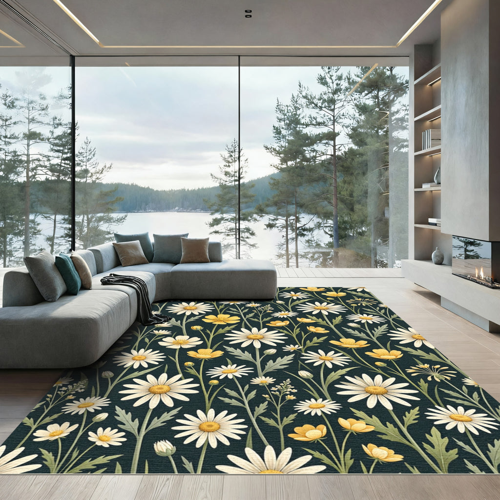Dainty White Daisy Meadow Watercolor Rug