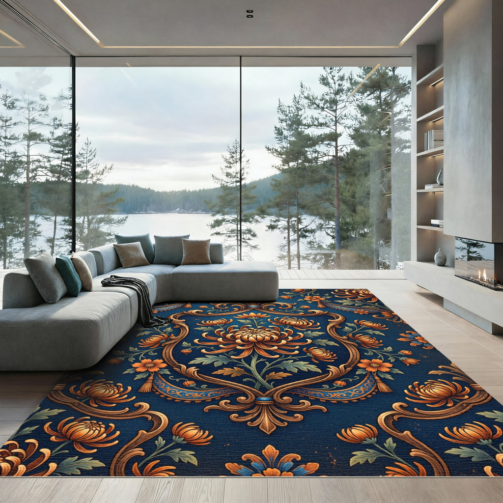 Gold Floral Medallion on Deep Blue Rug