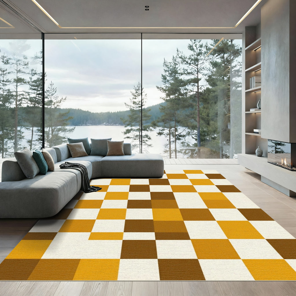 Warm Brown White Checkerboard Squares Rug