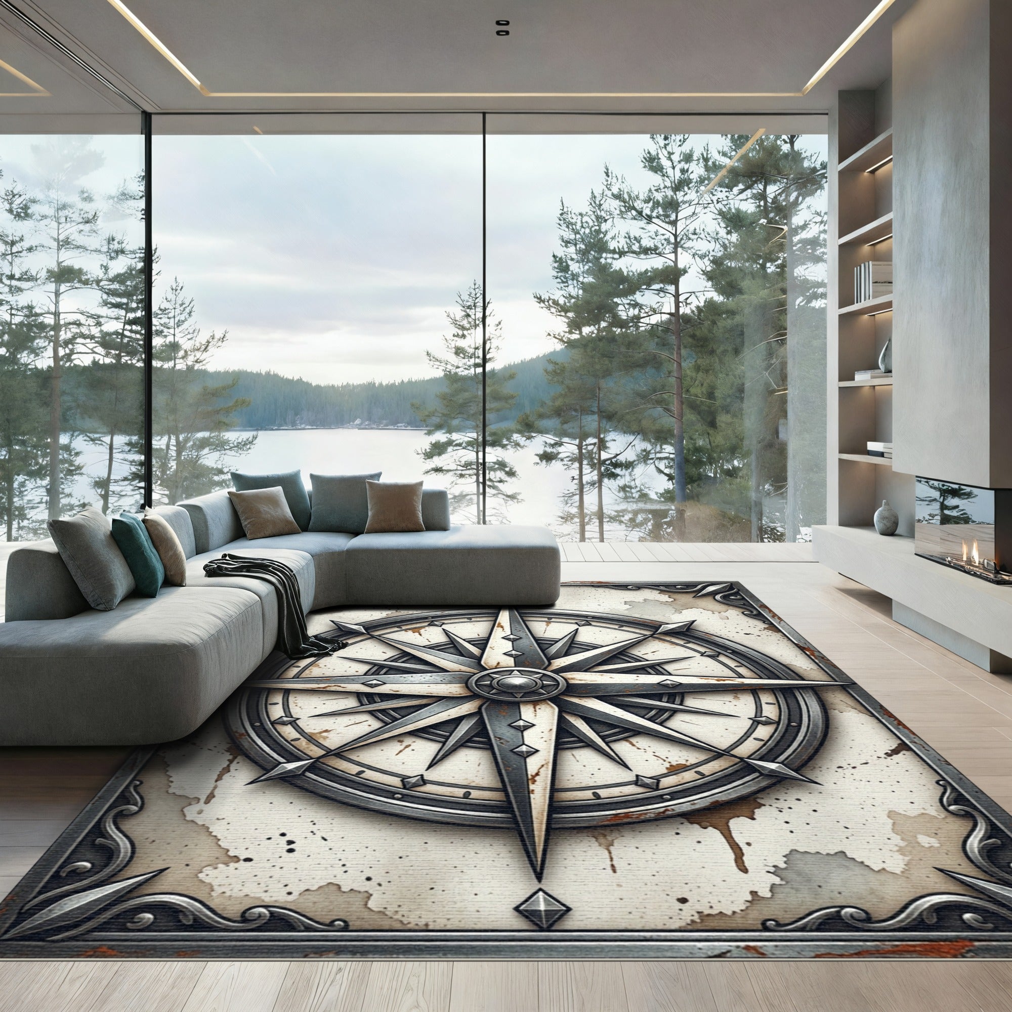 Vintage Nautical Compass Rose Rug