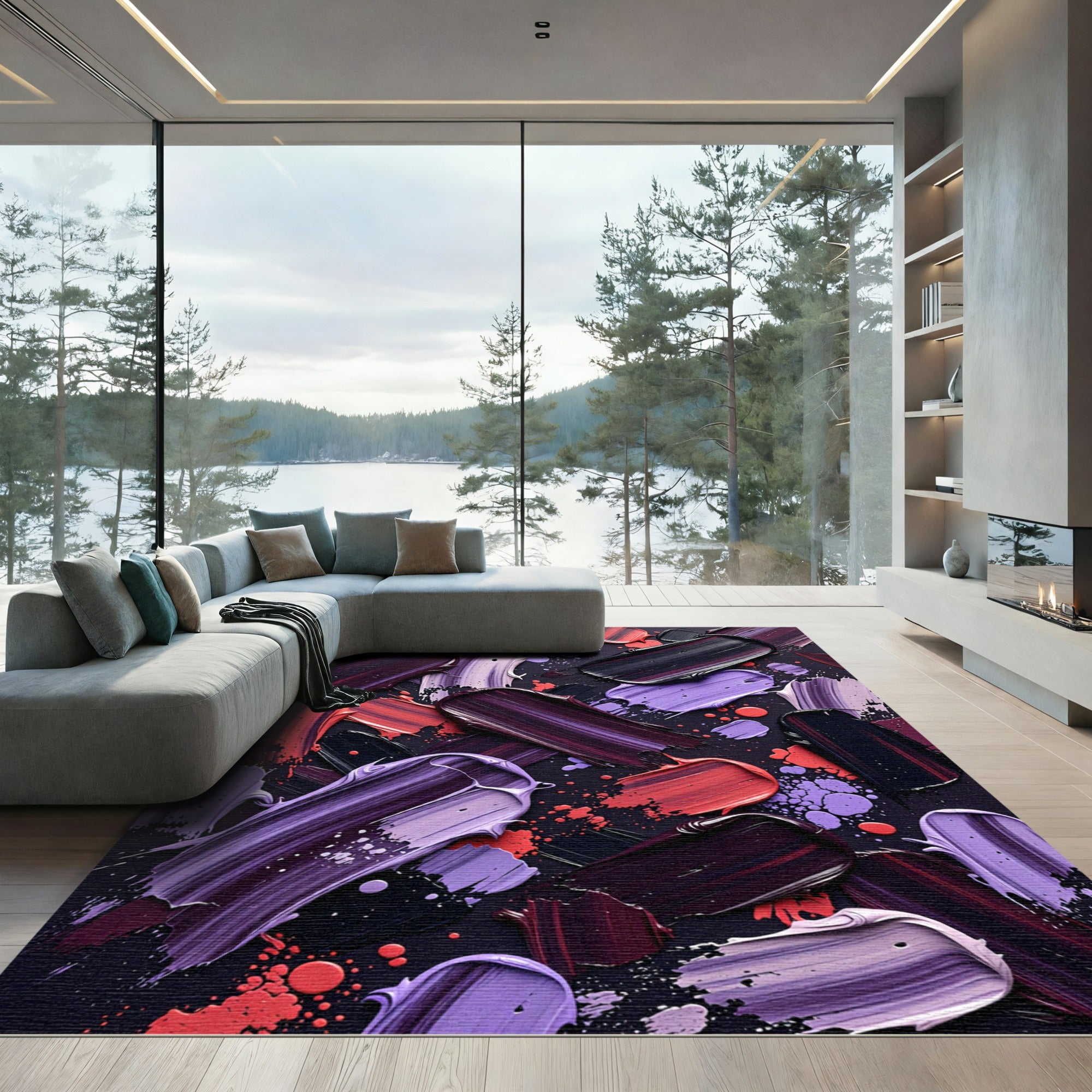 Vibrant Purple and Crimson Abstract Brushstroke Rug