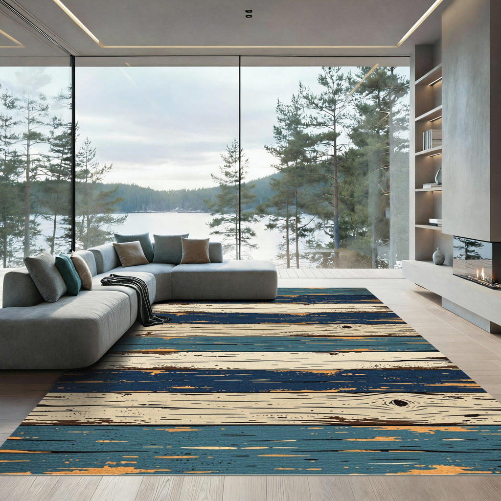 Distressed Navy and Cream Horizontal Planks Rug