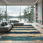 Distressed Navy and Cream Horizontal Planks Rug