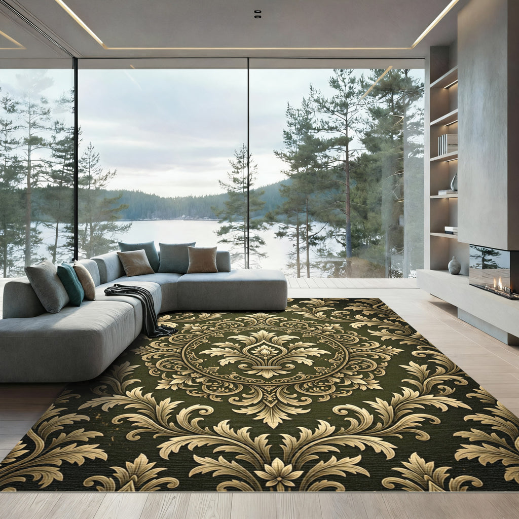 Dark Forest Damask Ornate Gold Filigree Rug