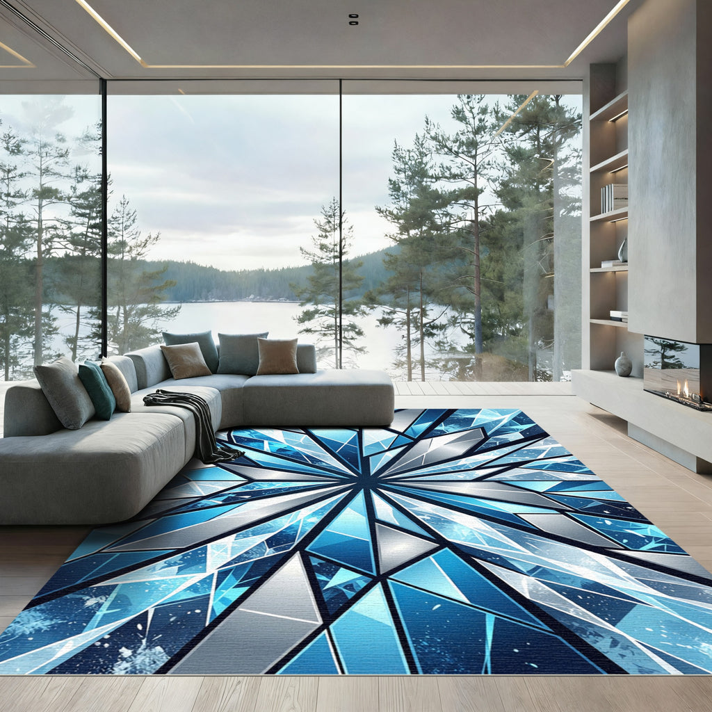 Geometric Shattered Ice Blue Crystal Star Rug