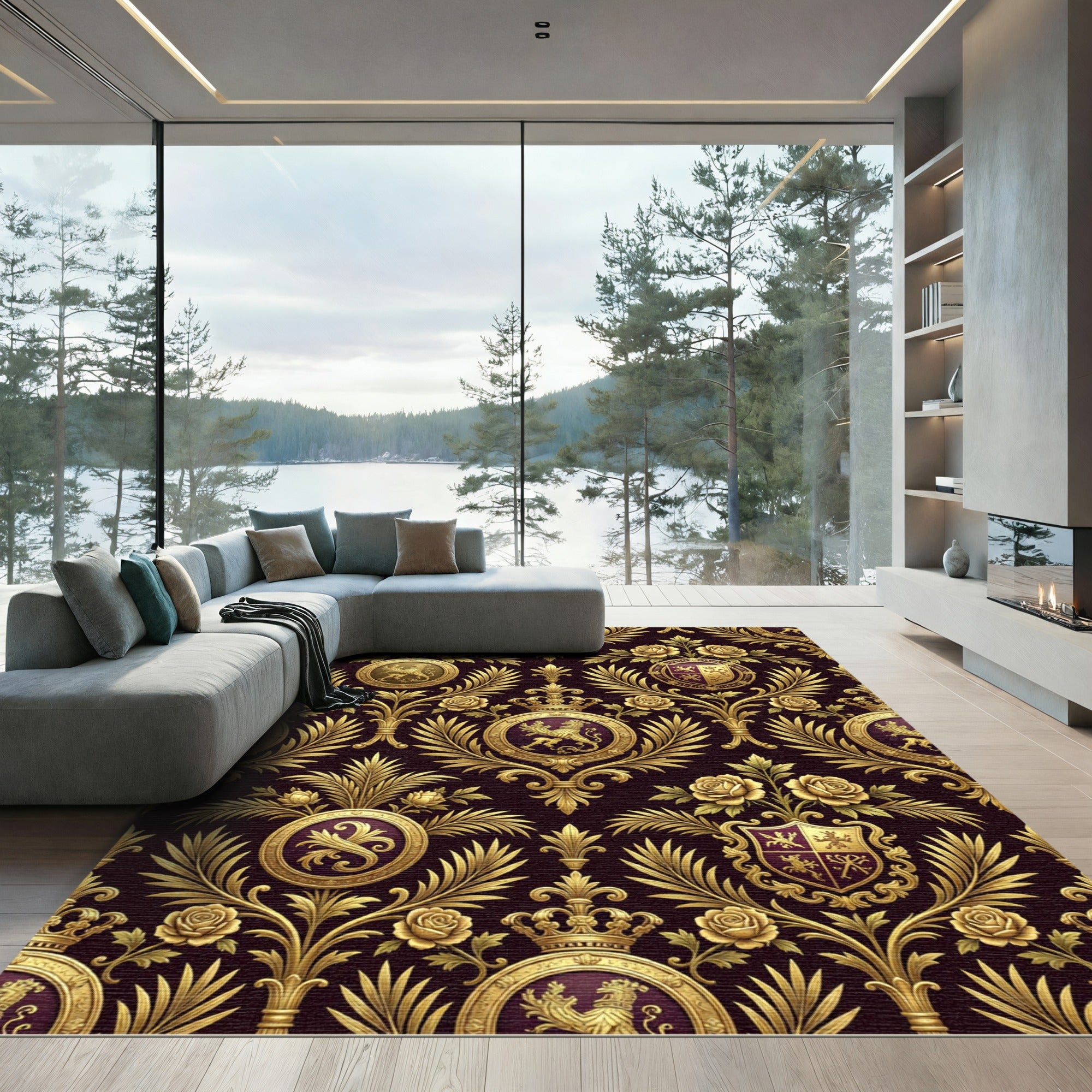 Royal Gold Crest Damask Rose Tapestry Rug