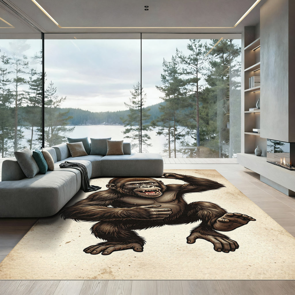 Playful Brown Primate Jungle Illustration Rug