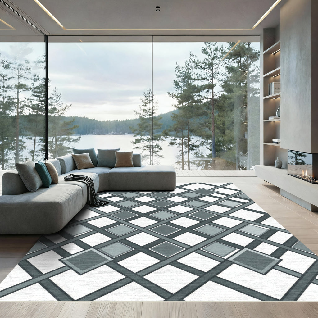 Sophisticated Slate Gray Geometric Diamond Grid Rug