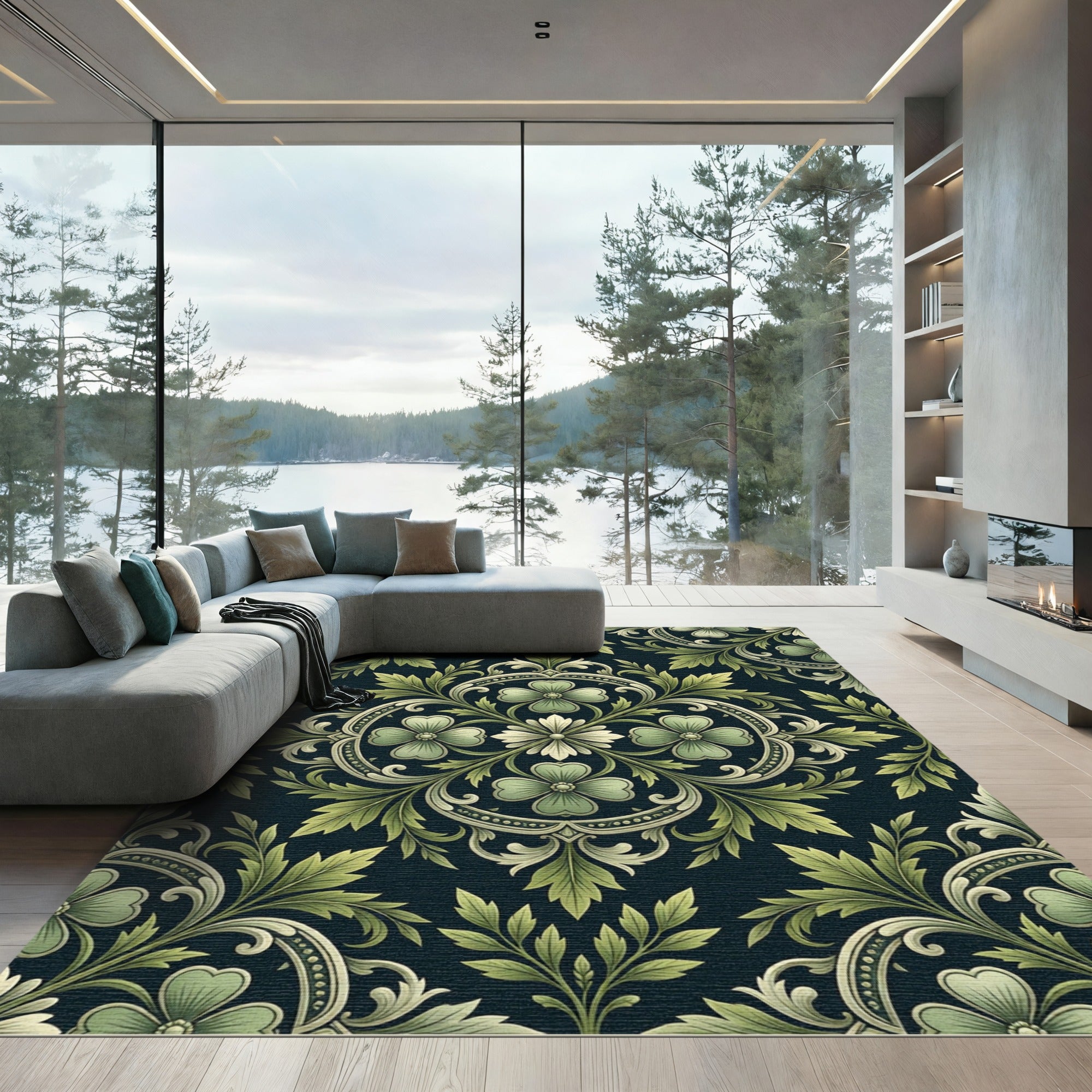 Elegant Sage Green Floral Damask Rug
