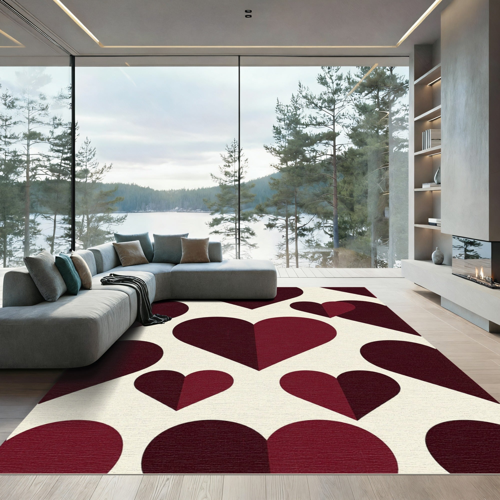 Modern Deep Red Geometric Heart Rug