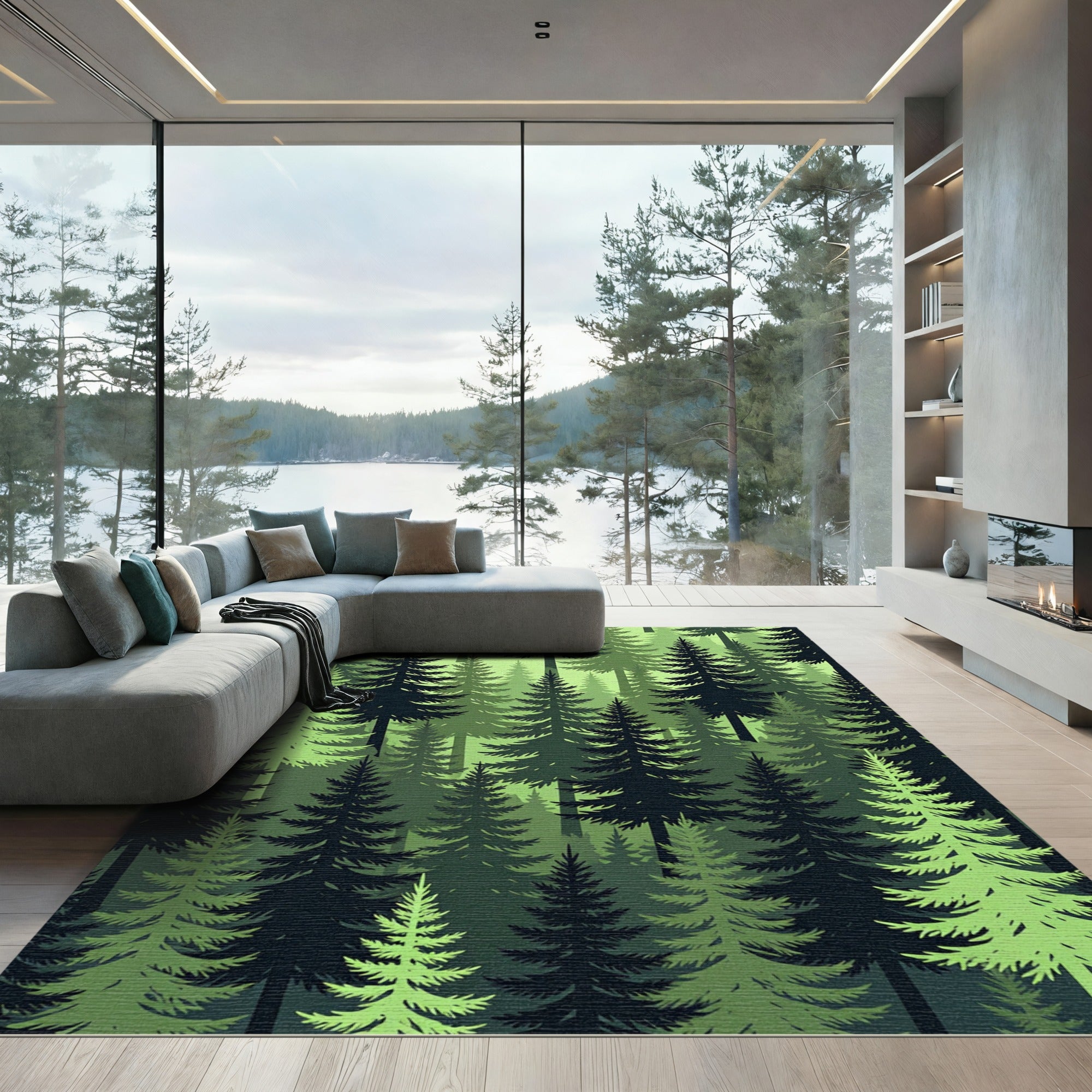 Emerald Green Forest Evergreen Trees Rug
