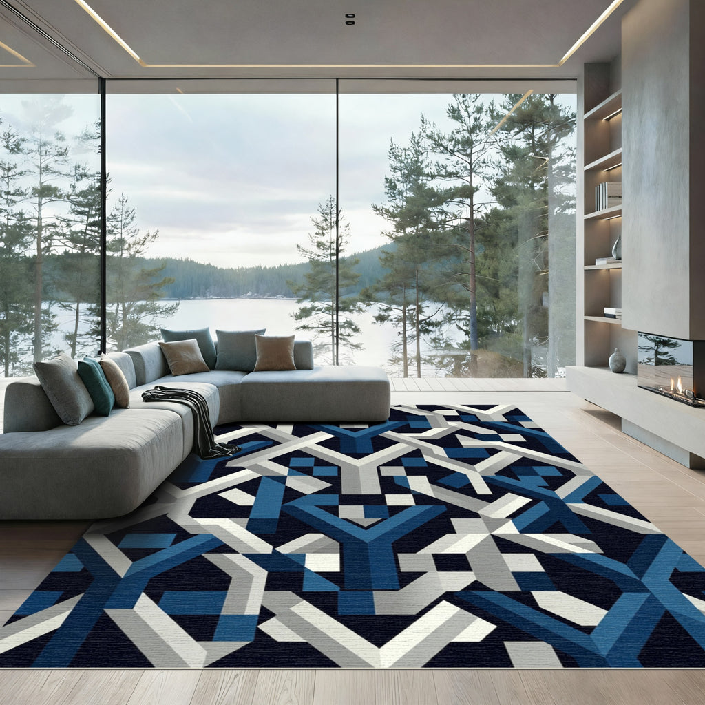 Modern Navy and Silver Geometric Interlace Rug