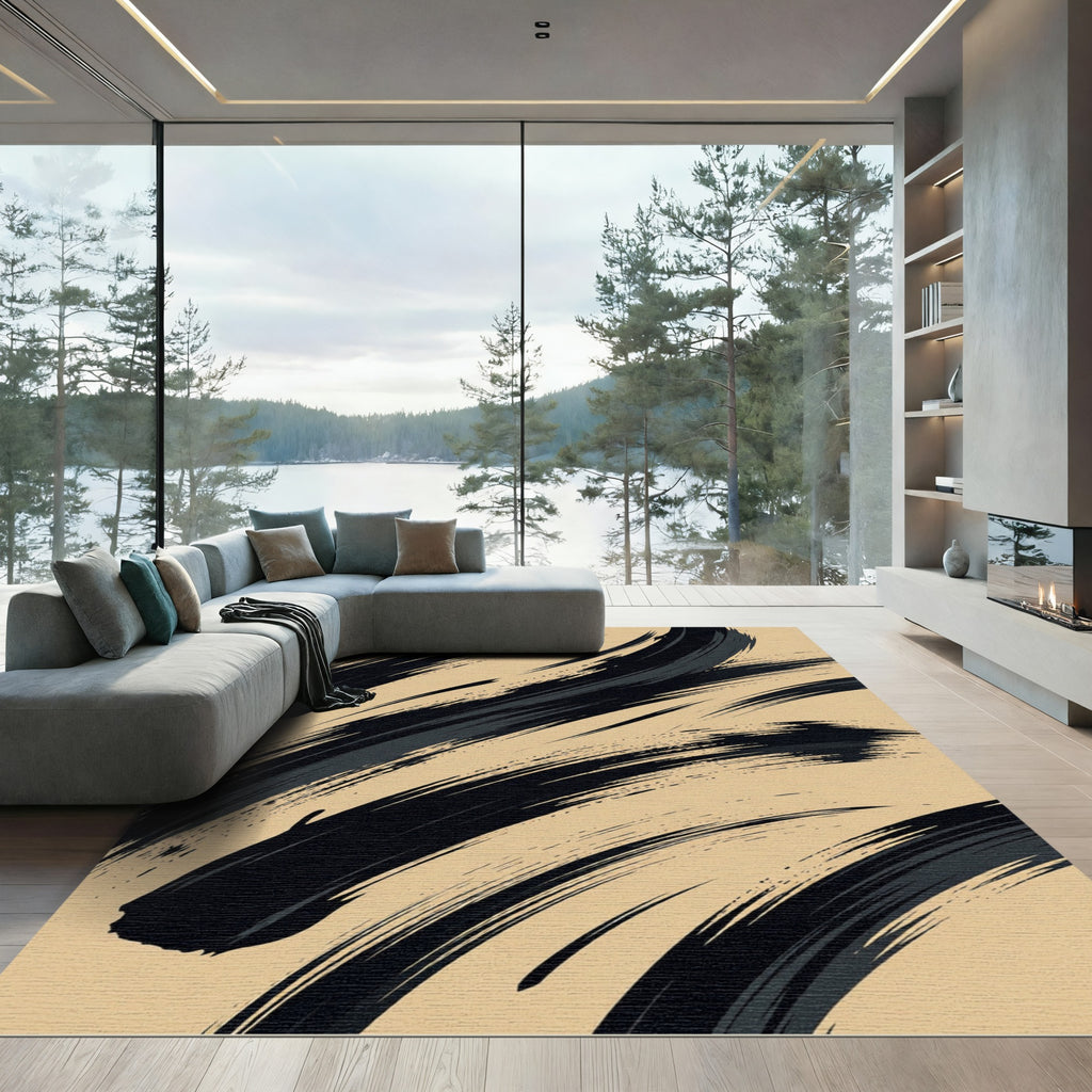 Bold Black Abstract Brushstroke Charcoal Beige Rug