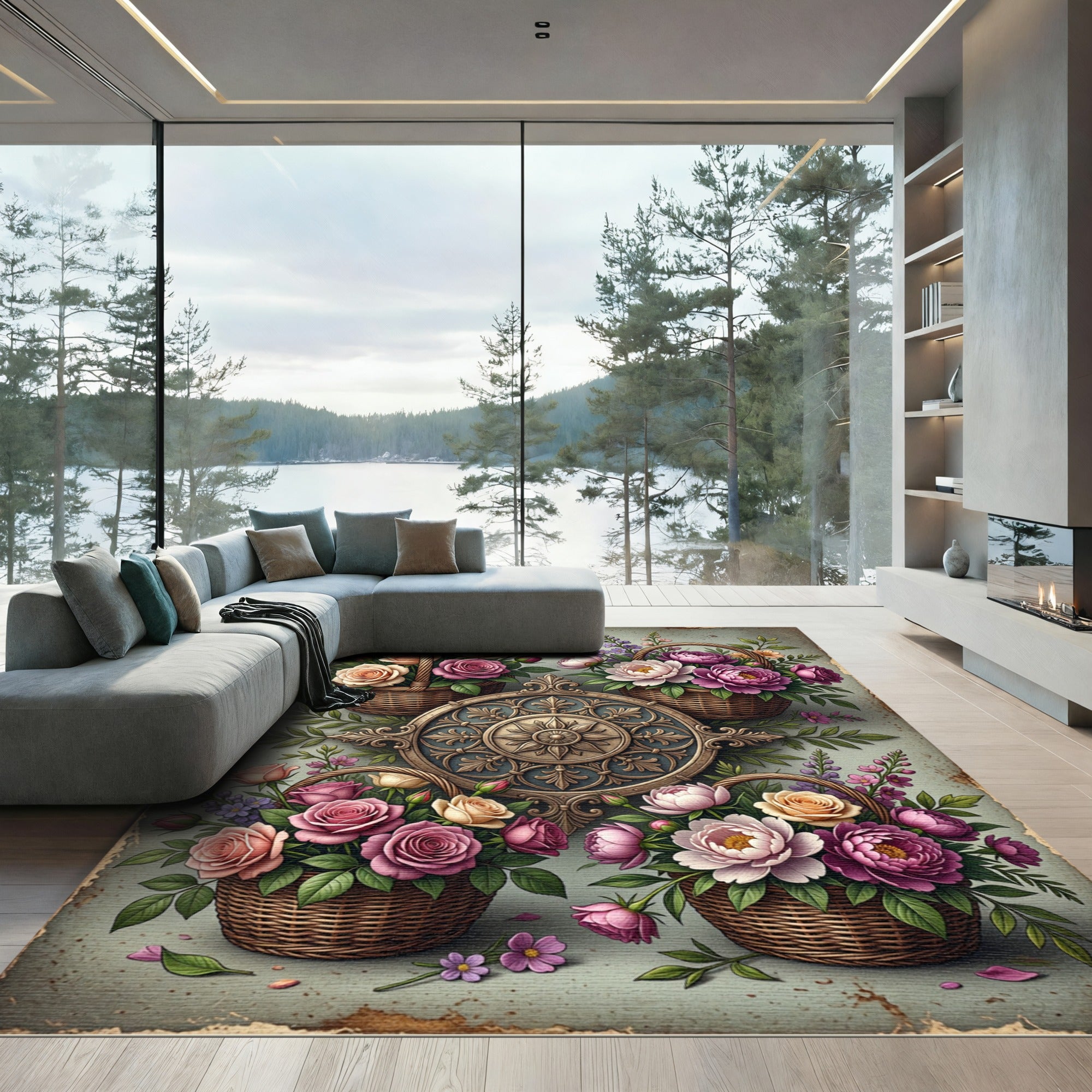 Vintage Floral Garden Basket Medallion Rug