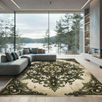 Elegant Sage Green Scrollwork Floral Medallion Rug