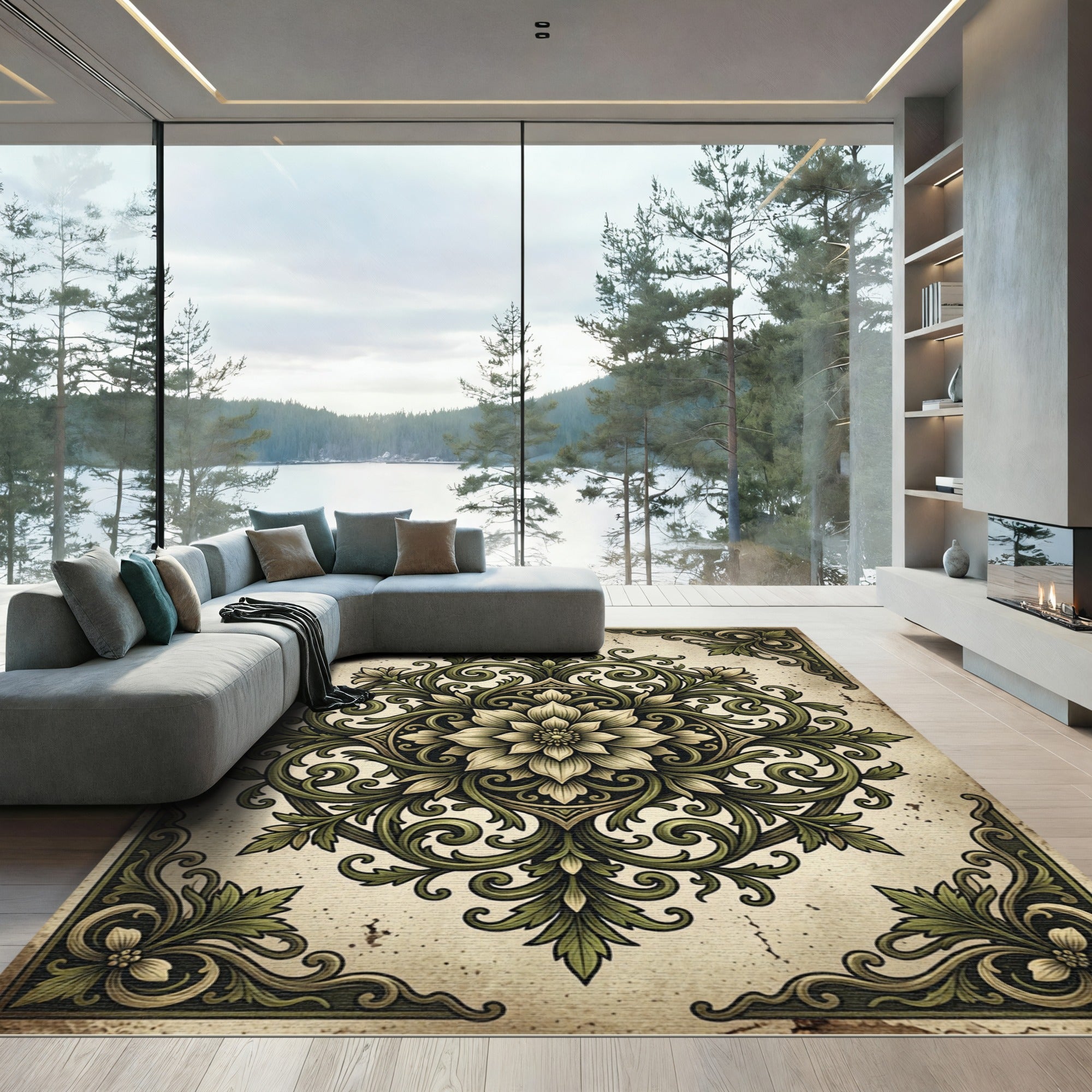 Elegant Sage Green Scrollwork Floral Medallion Rug