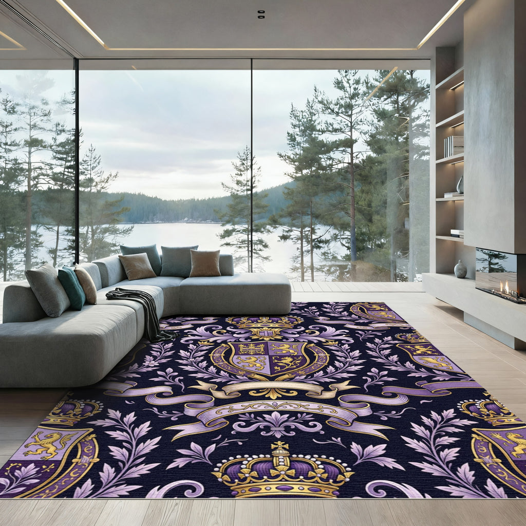 Regal Purple Gold Laurel Crown Crest Rug